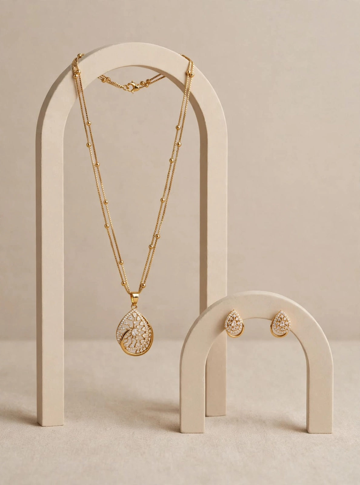 Golden Teardrop Double-Layer Necklace Set