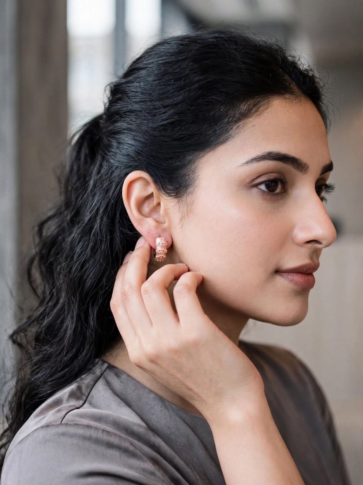 Rose Gold Baguette Layered Hoop Earrings