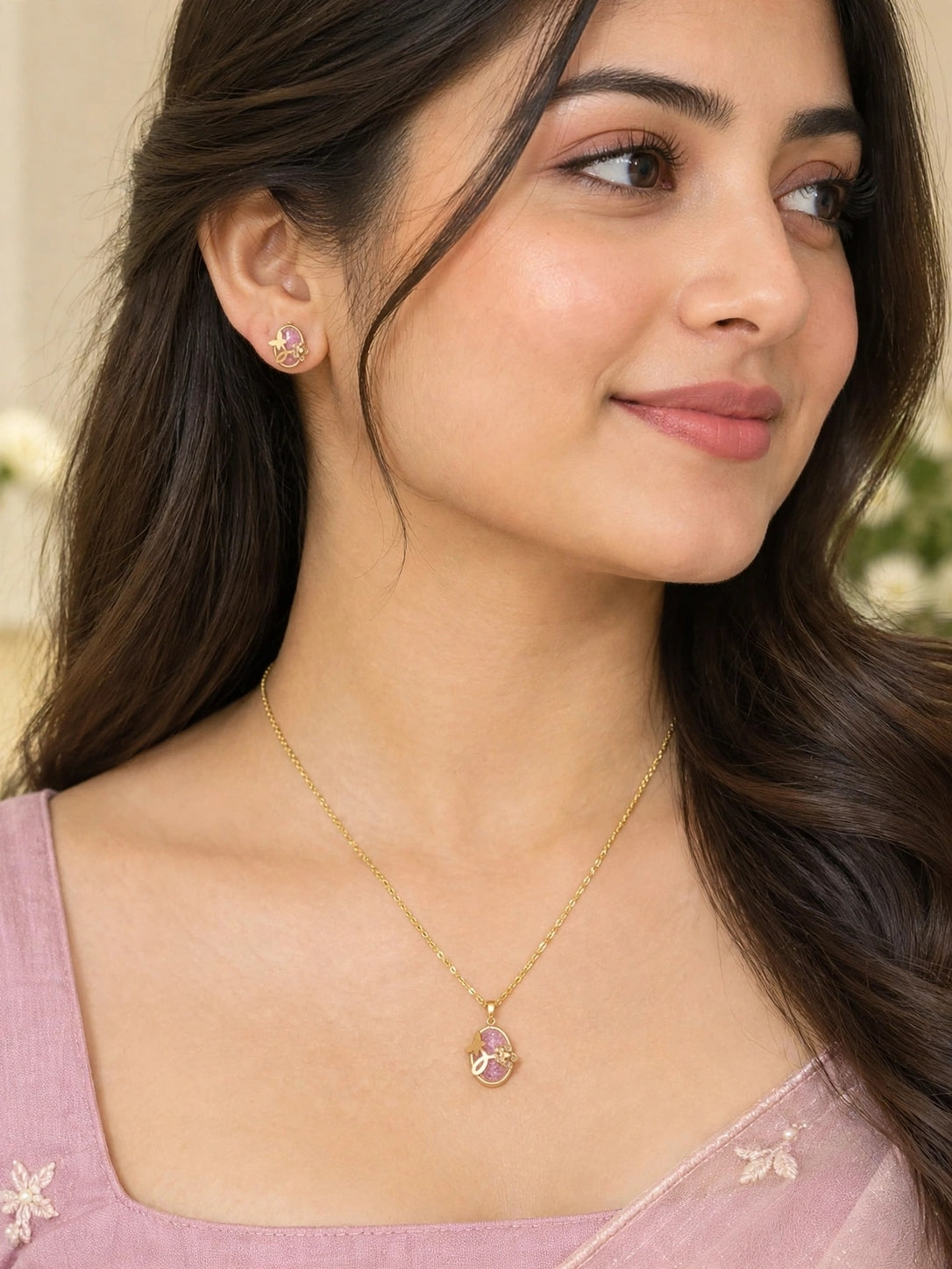 Golden Pink Butterfly Necklace Set
