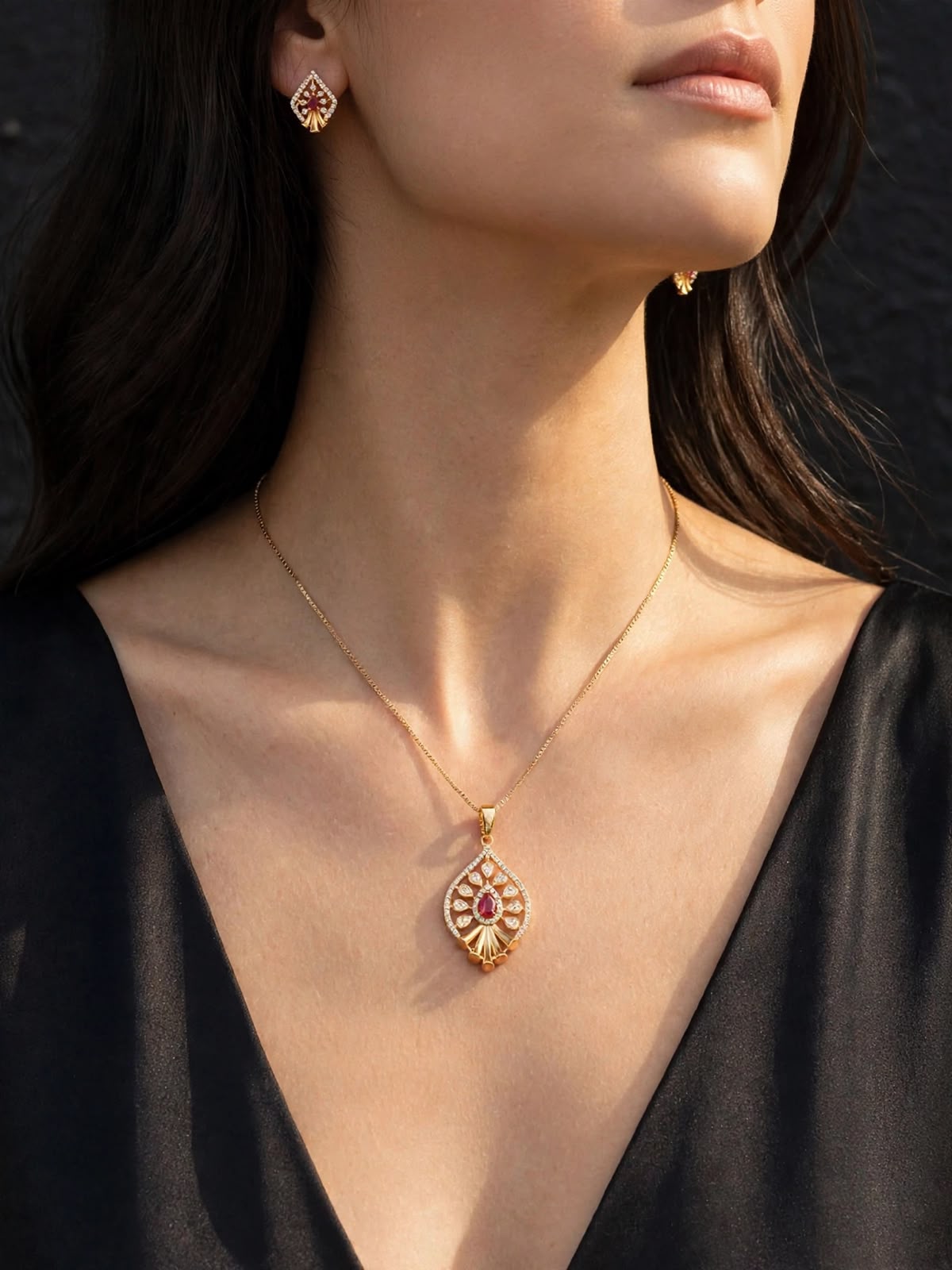 Rose Ruby Teardrop Pendant Set