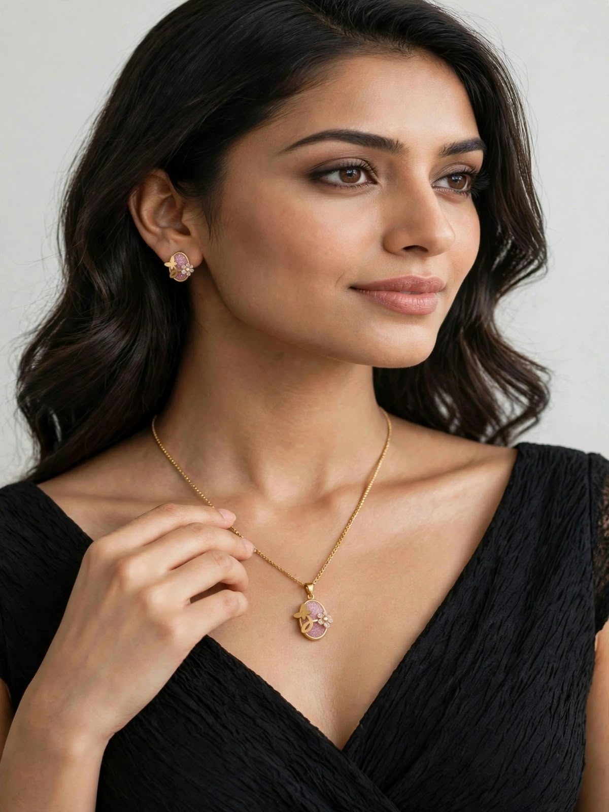 Golden Pink Butterfly Necklace Set
