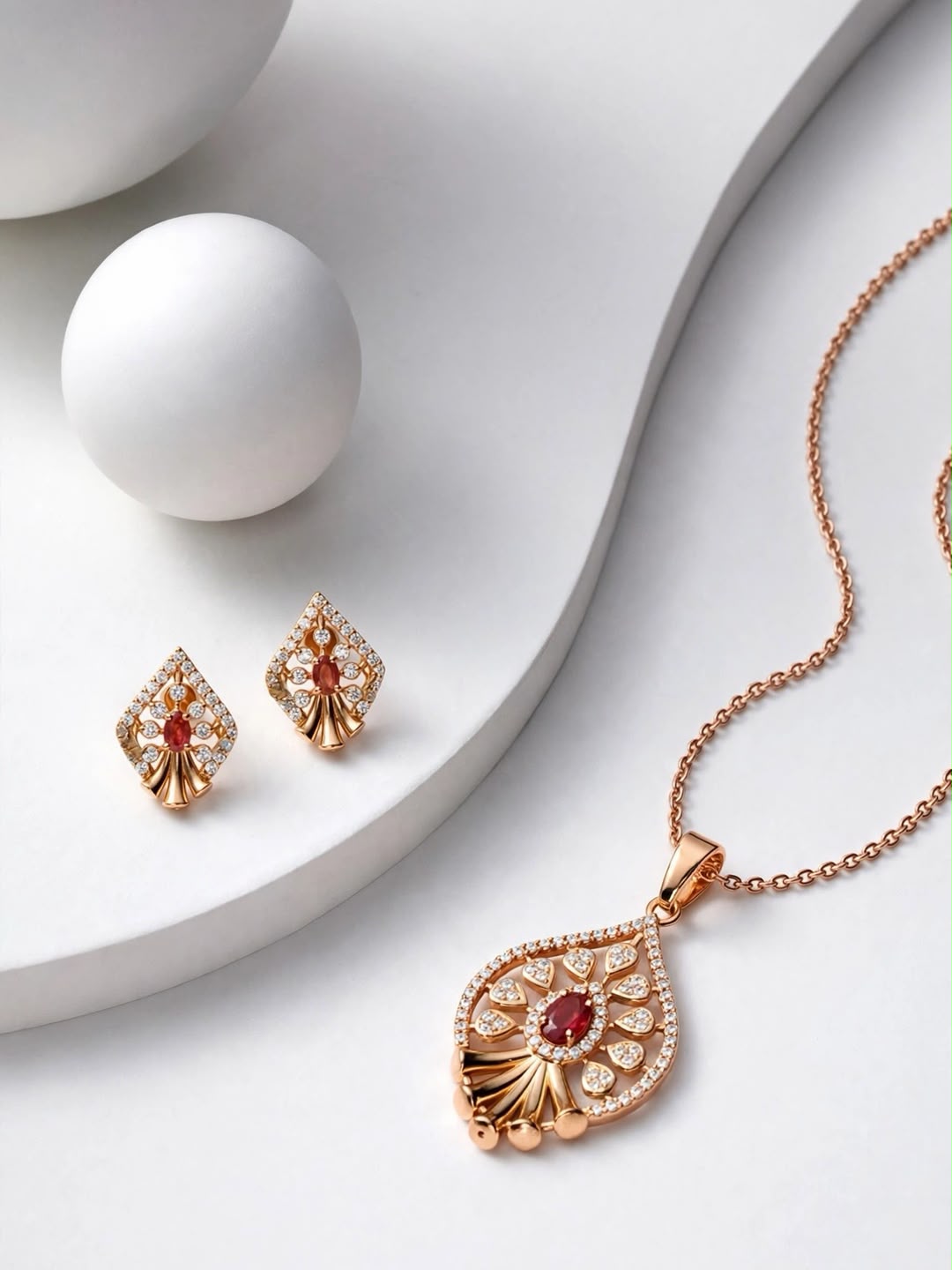 Rose Ruby Teardrop Pendant Set