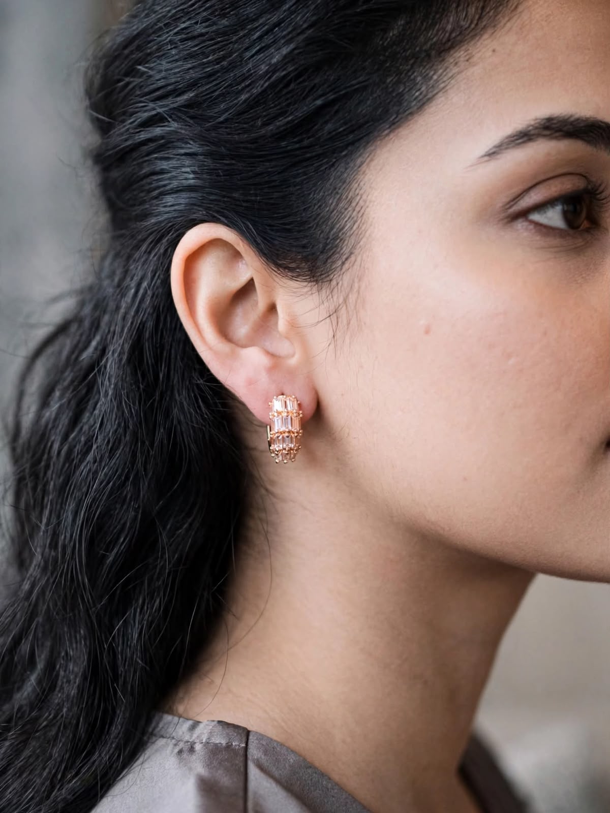 Rose Gold Baguette Layered Hoop Earrings