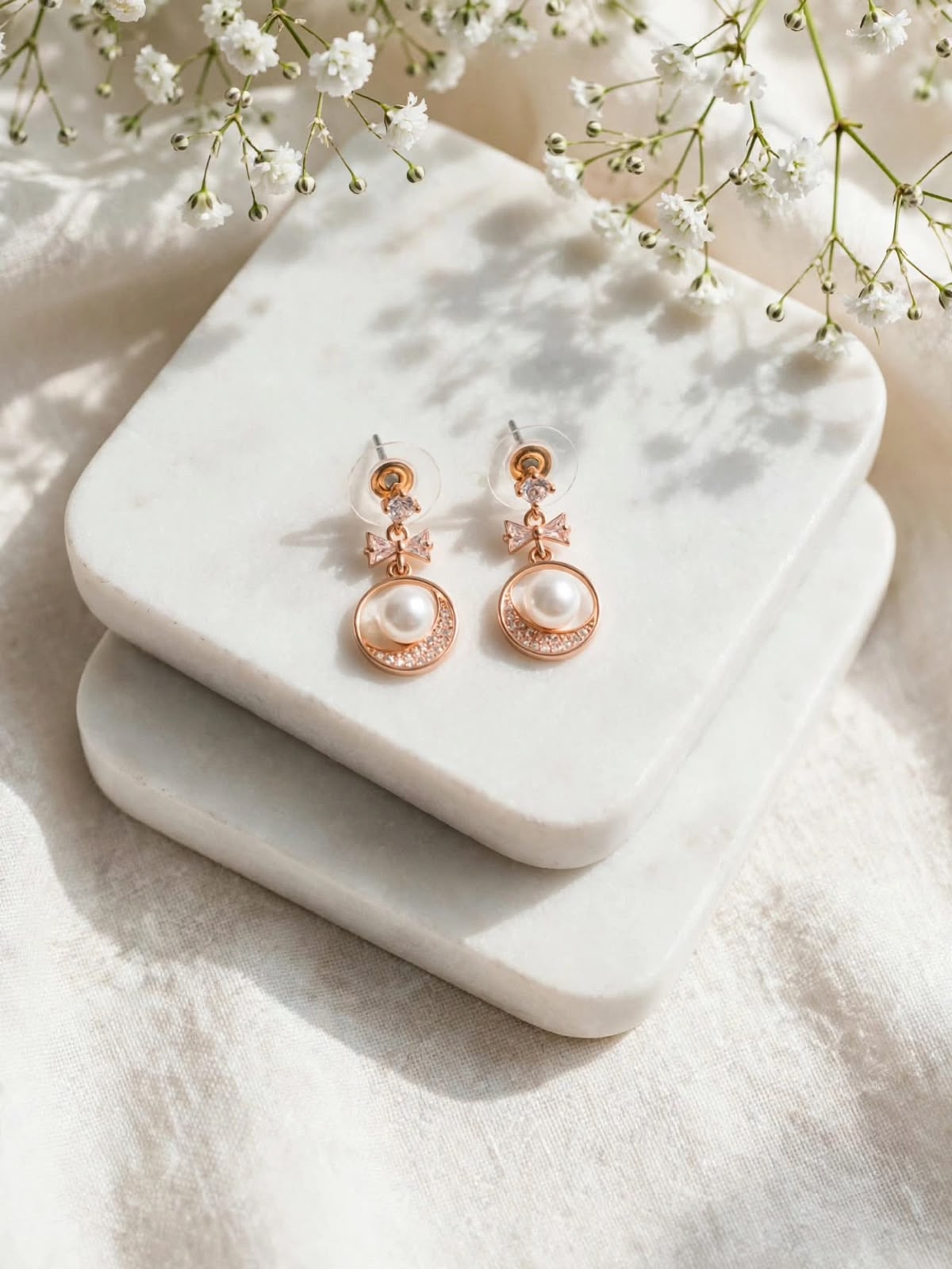 Rose Pearl Bow Geometric Drop Earrings