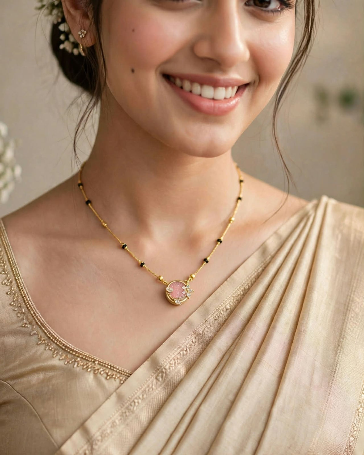 Golden Pink Round Pendant Mangalsutra
