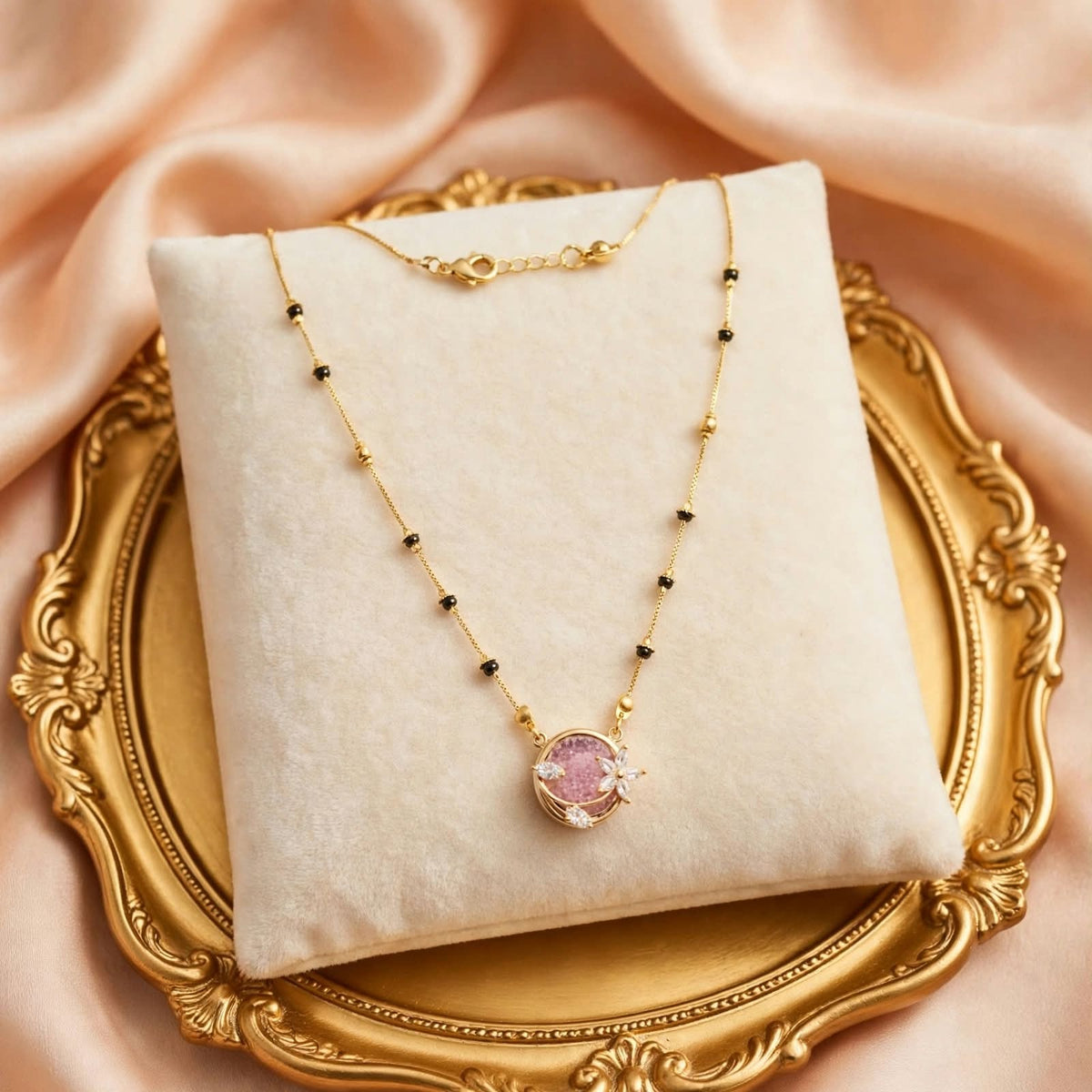 Golden Pink Round Pendant Mangalsutra