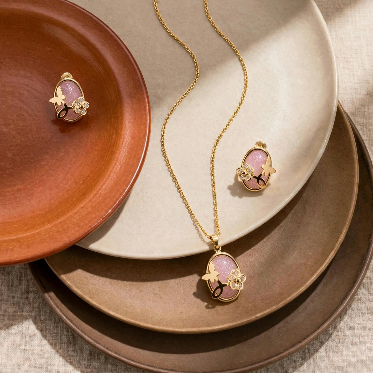Golden Pink Butterfly Necklace Set
