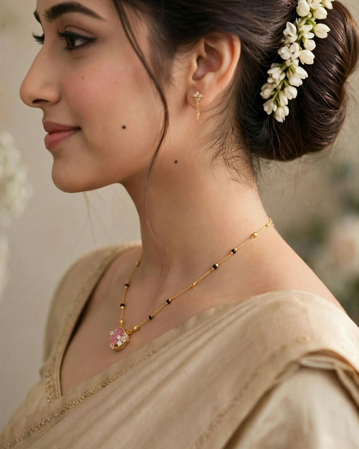 Golden Pink Round Pendant Mangalsutra
