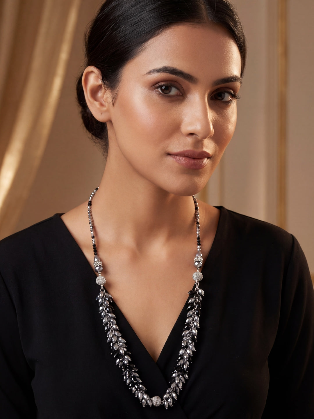 Silver & Black Layered Beaded Necklace Set