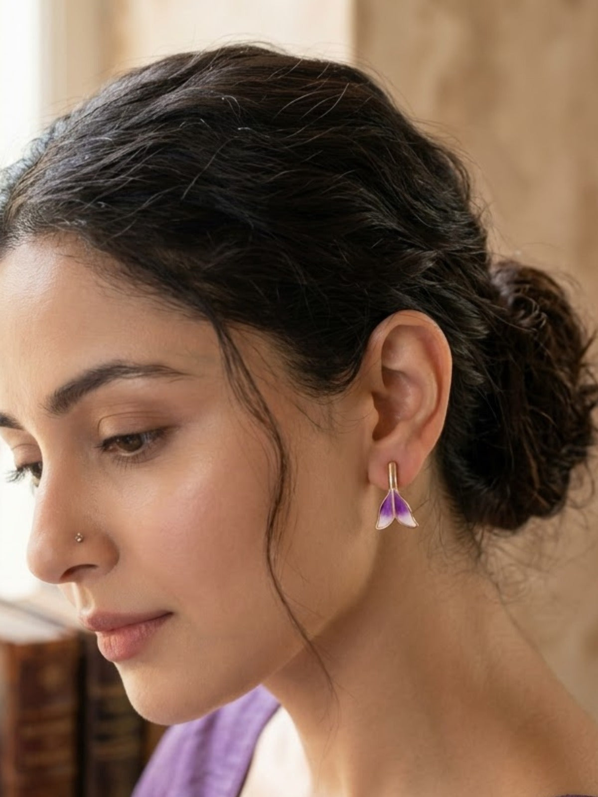Violet Leaf Floral Hoop Earrings