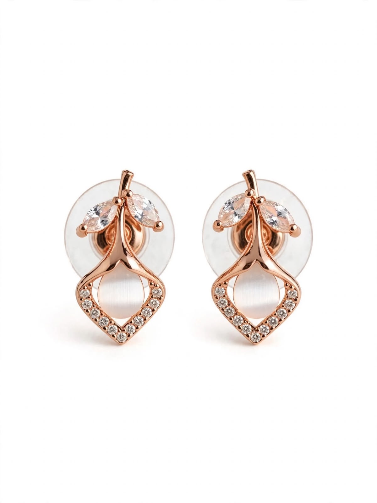 Rose Leaf Pearl Crystal Stud Earrings