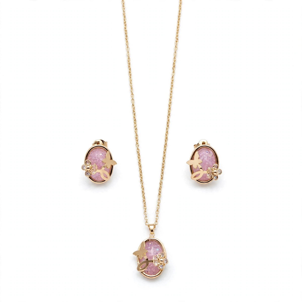 Golden Pink Butterfly Necklace Set