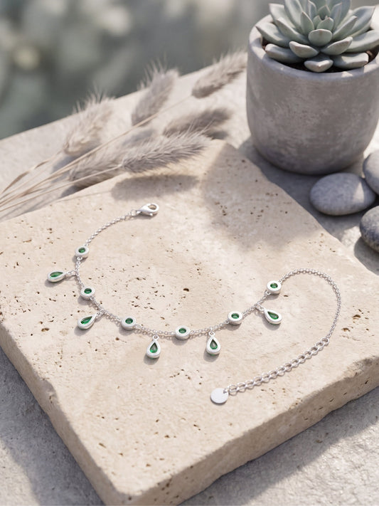 Emerald Leaf Silver Anklet