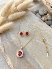Red Angle Ruby Halo Necklace Set