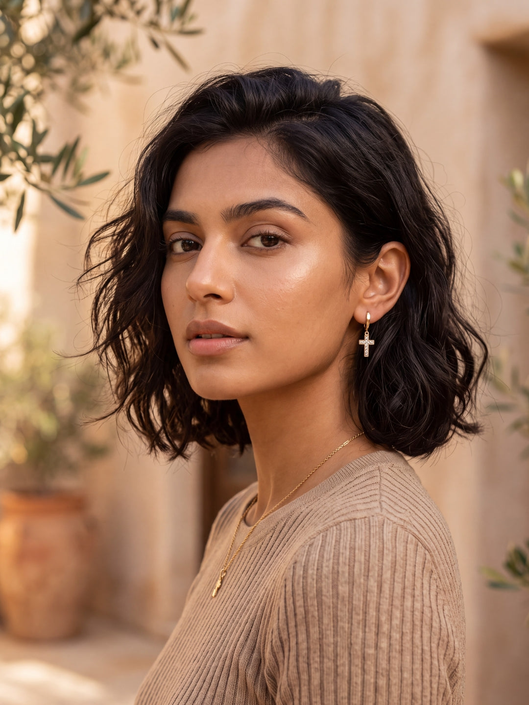 Cross Charms Gold Drop Earrings