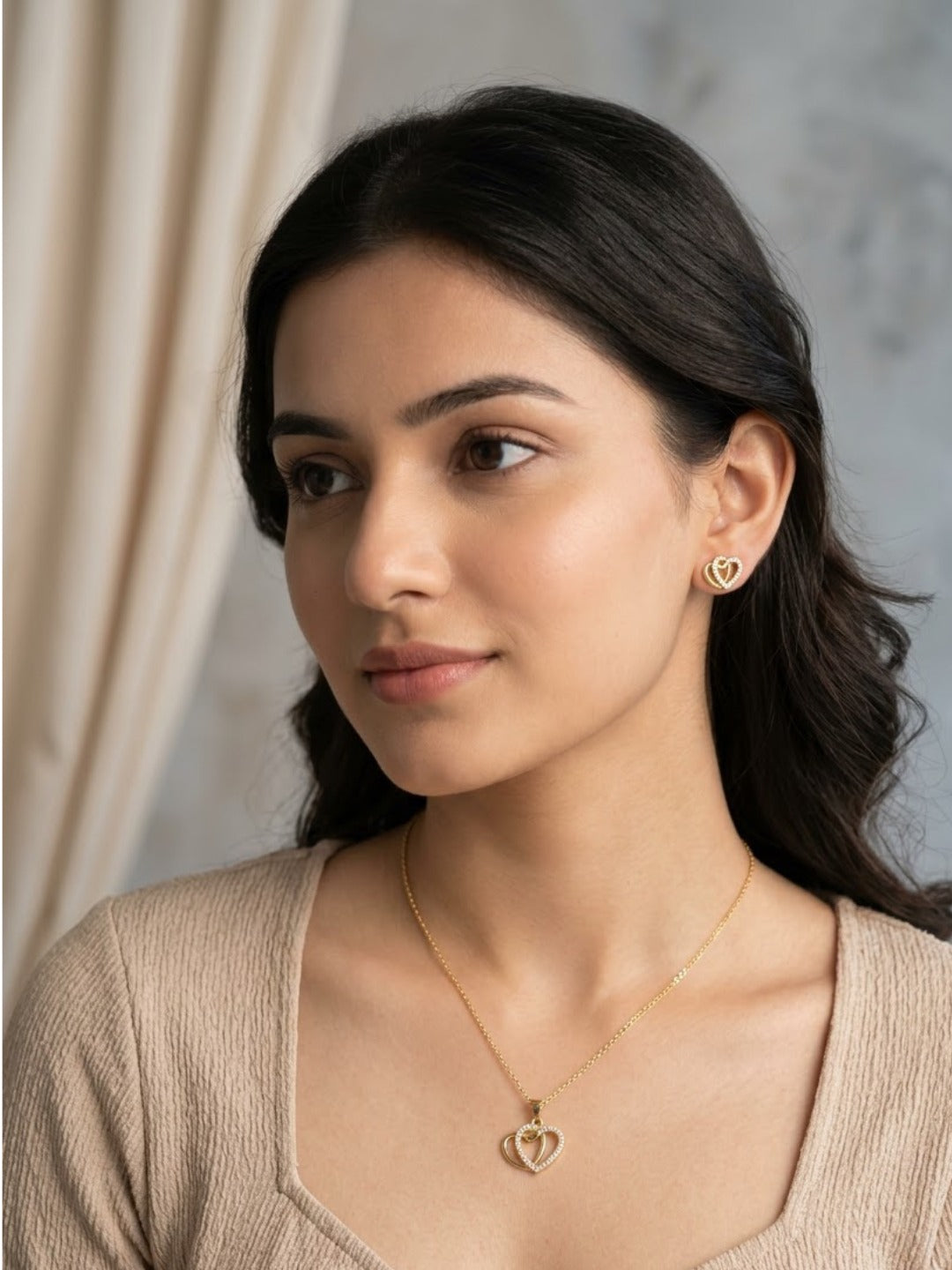 Pookie Pearl Double Heart Necklace Set