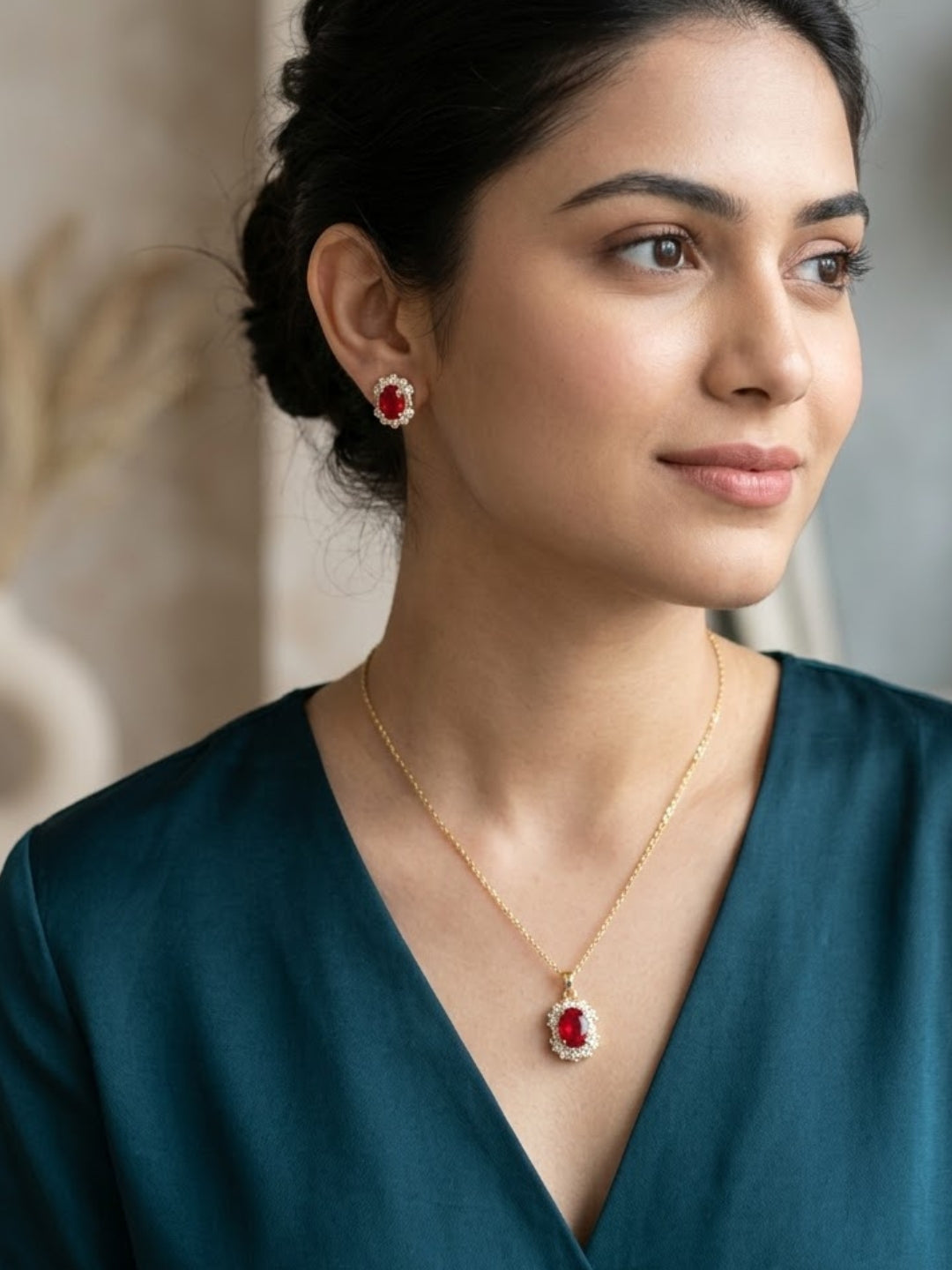 Red Angle Ruby Halo Necklace Set