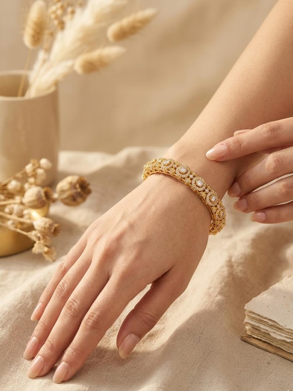Royal Floral CZ Gold Kada