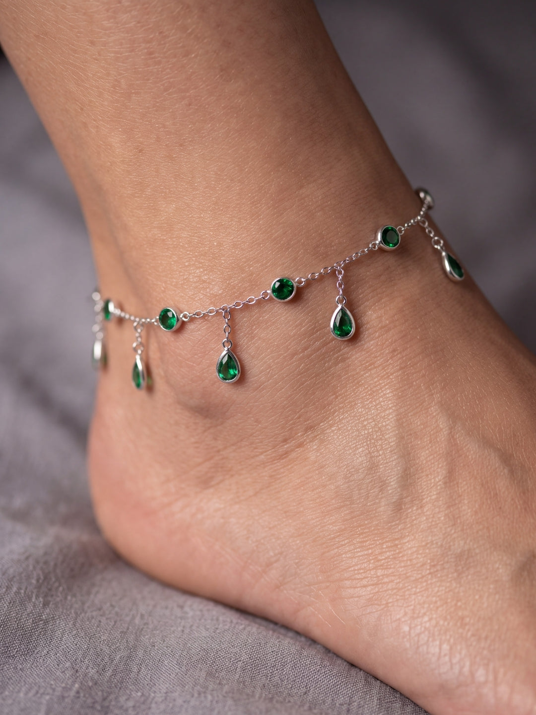 Emerald Leaf Silver Anklet