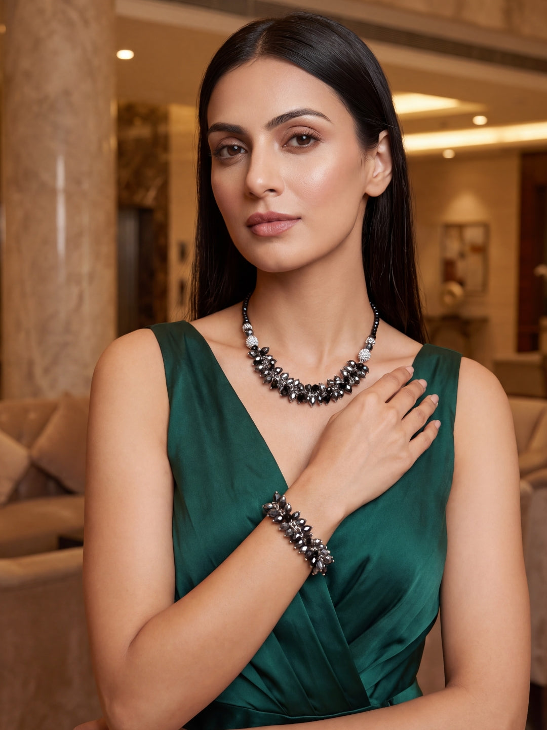 Silver & Black Layered Beaded Necklace Set