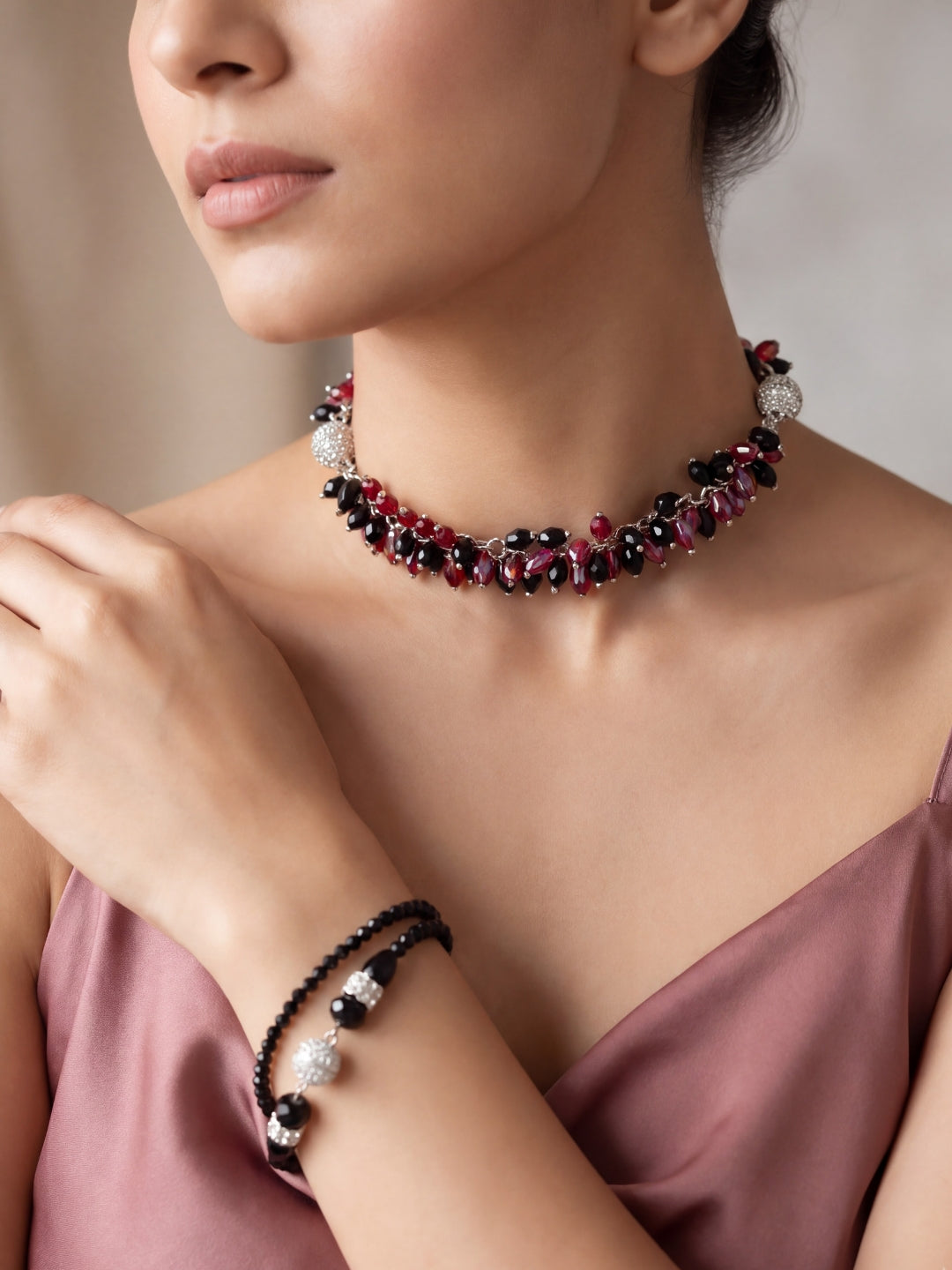 Red & Black Multi-Style Beaded Necklace Set