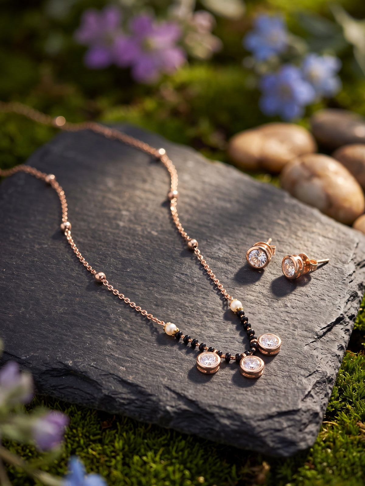 Noor Three-Stone Mangalsutra Set with Earrings