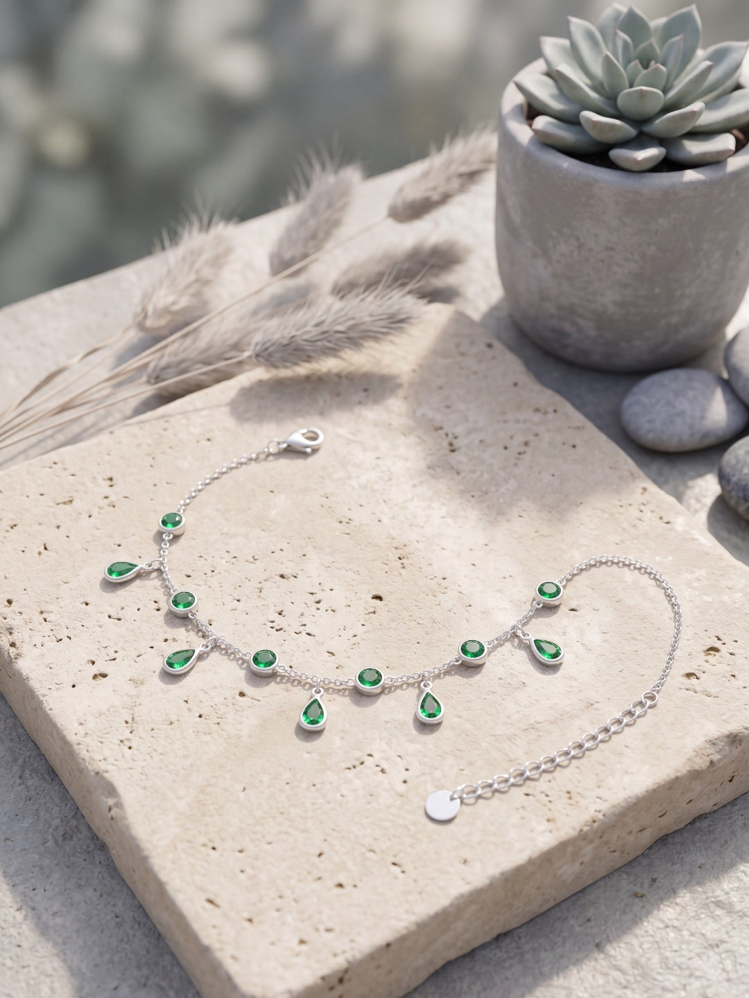 Emerald Leaf Silver Anklet